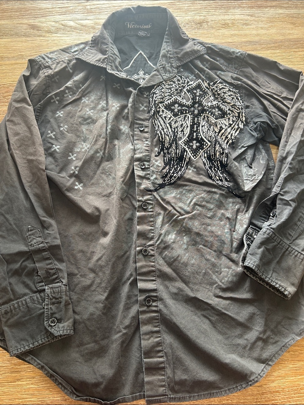Victorios Black Embellished Wing & Cross Button-Up Shirt M
